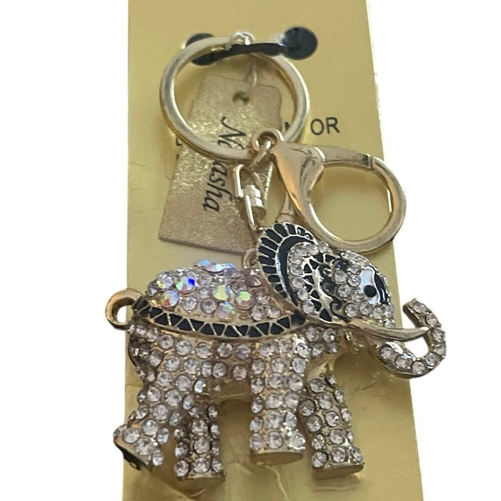 Natasha Elephant Bag Charm Keychain Gold Black & Rhinestone Bling